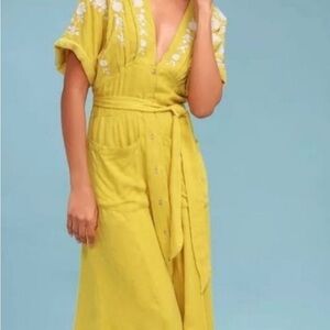 Free People Love to Love You Yellow Embroidered Button-Down Dress